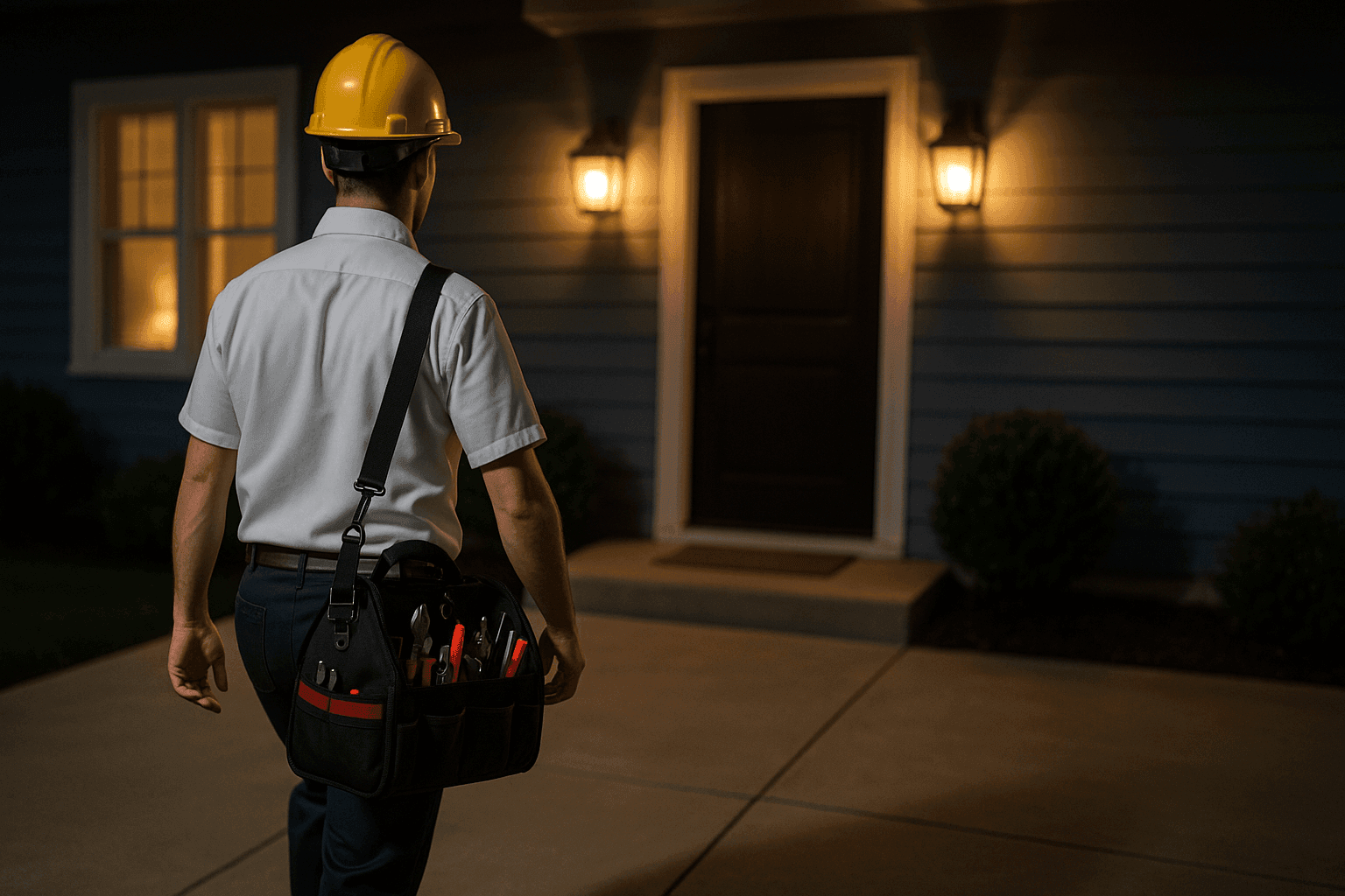 Plumber arriving at home at night for emergency repair
