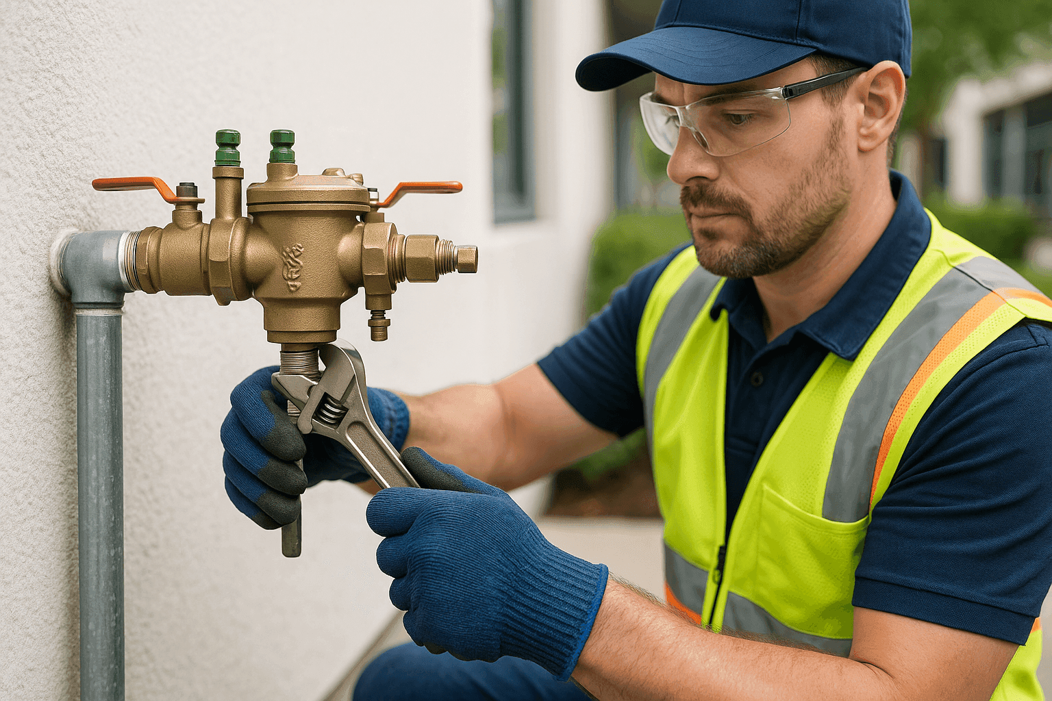 Plumber installing backflow prevention device on exterior pipe