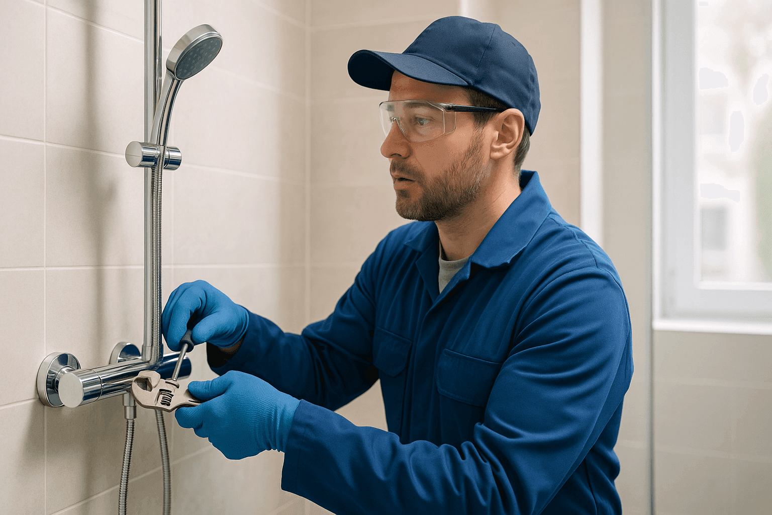 Plumber installing modern shower fixture in bathroom