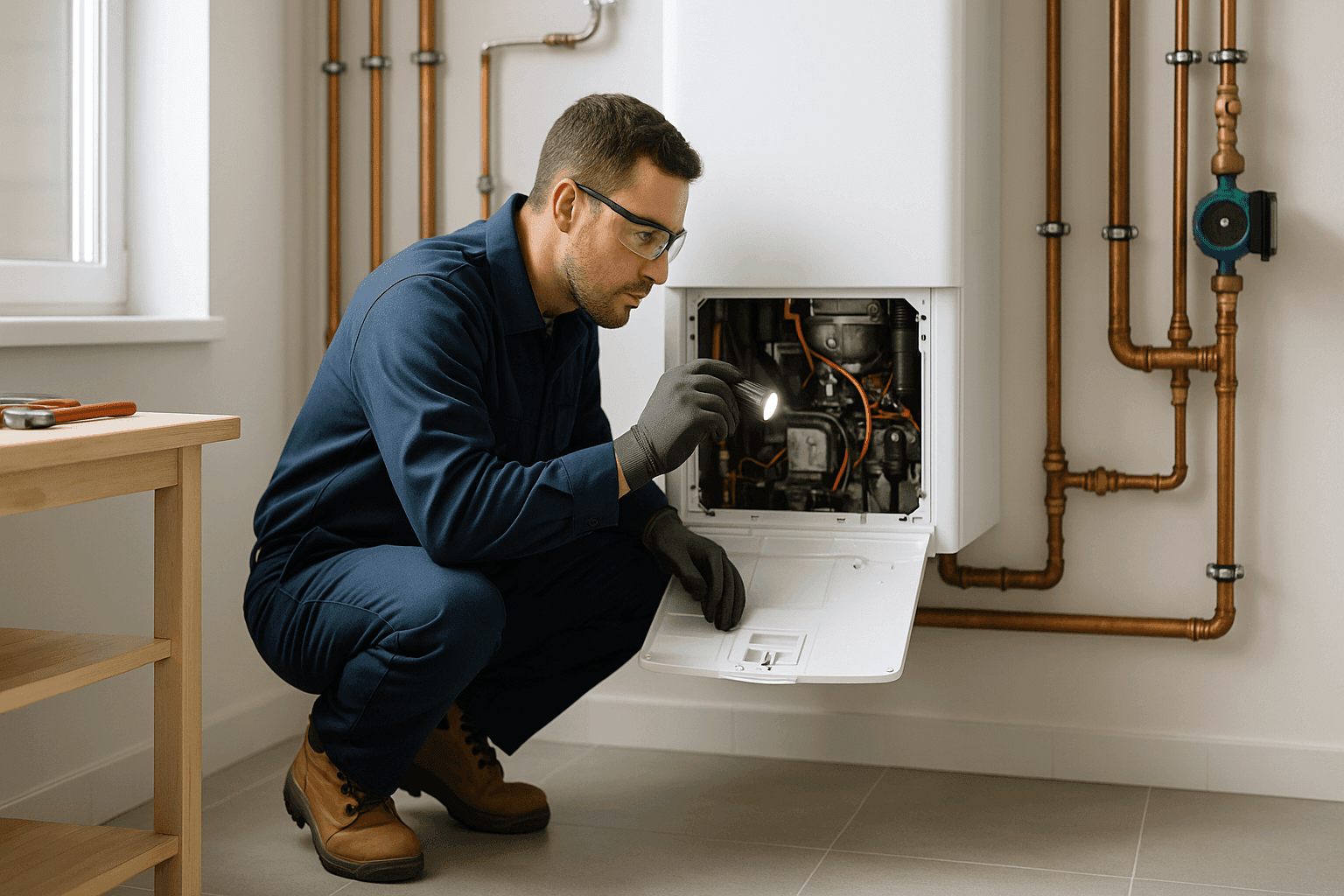 Plumber inspecting residential boiler for repairs