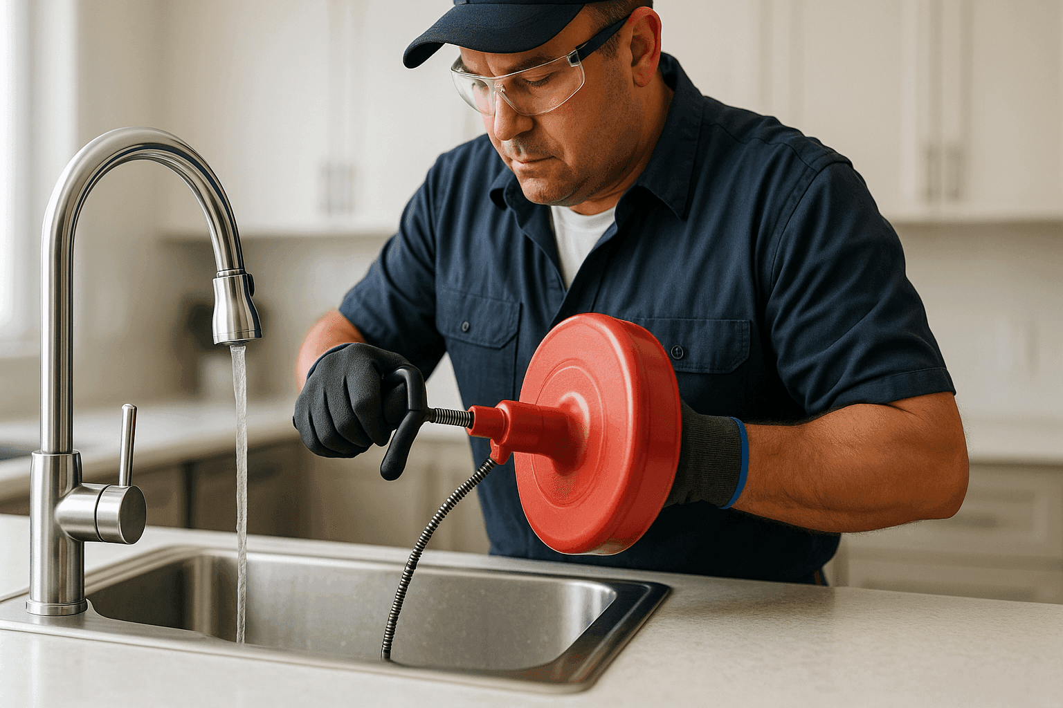 Plumber snaking a residential drain in kitchen