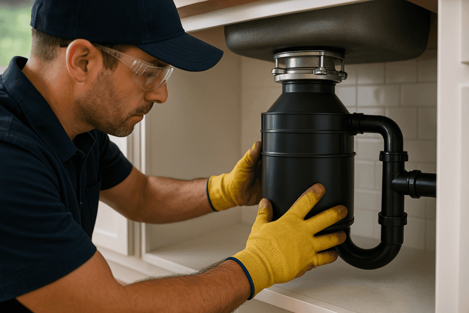 Plumber safely repairing garbage disposal under kitchen sink
