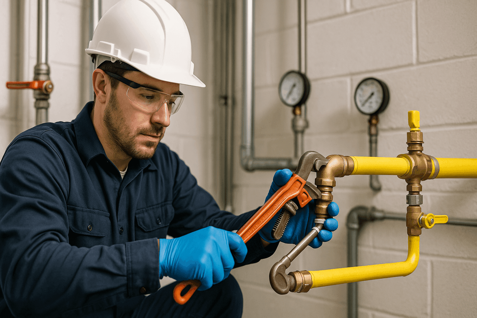 Plumber installing gas line with safety equipment