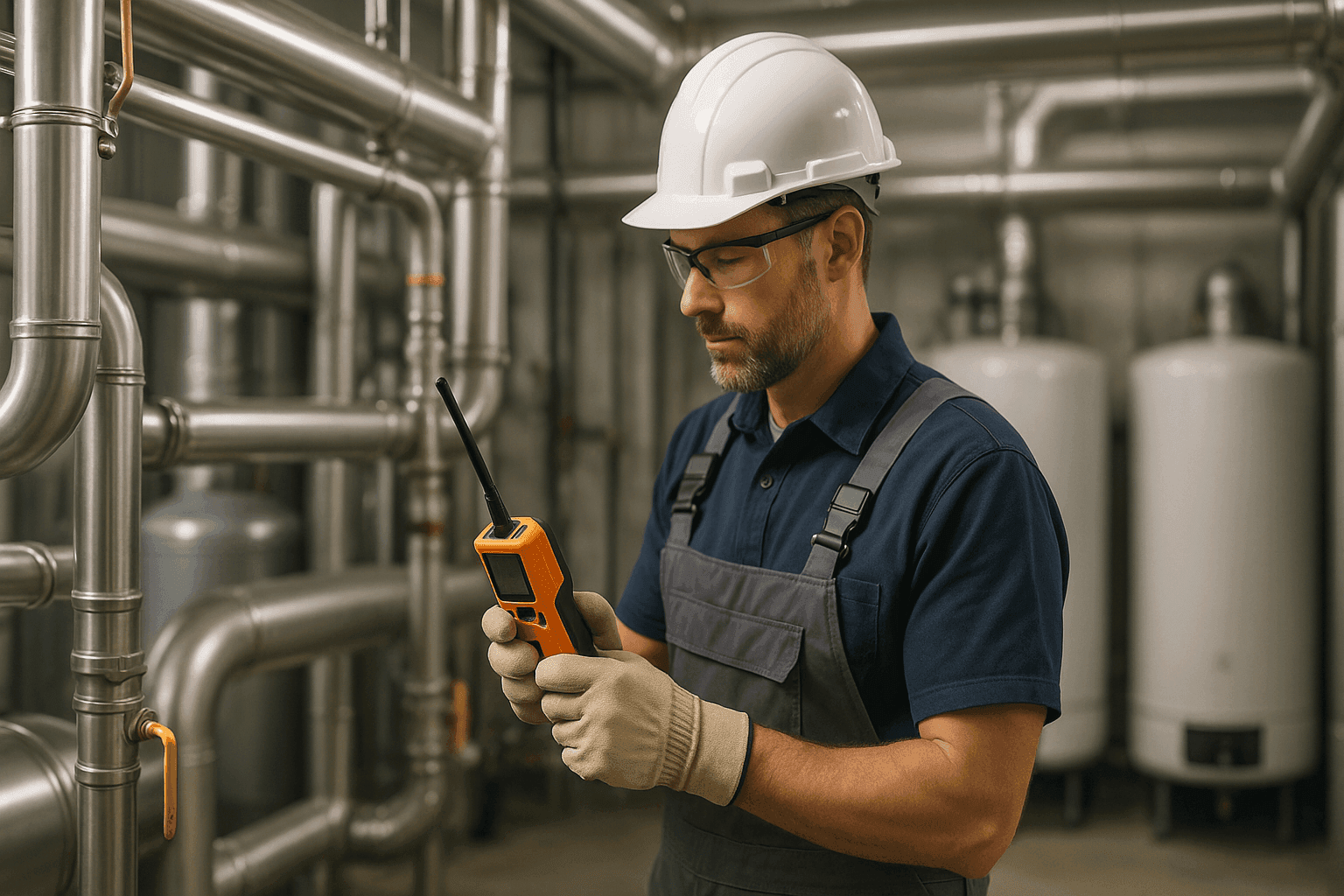 Plumber using gas detector in commercial boiler room