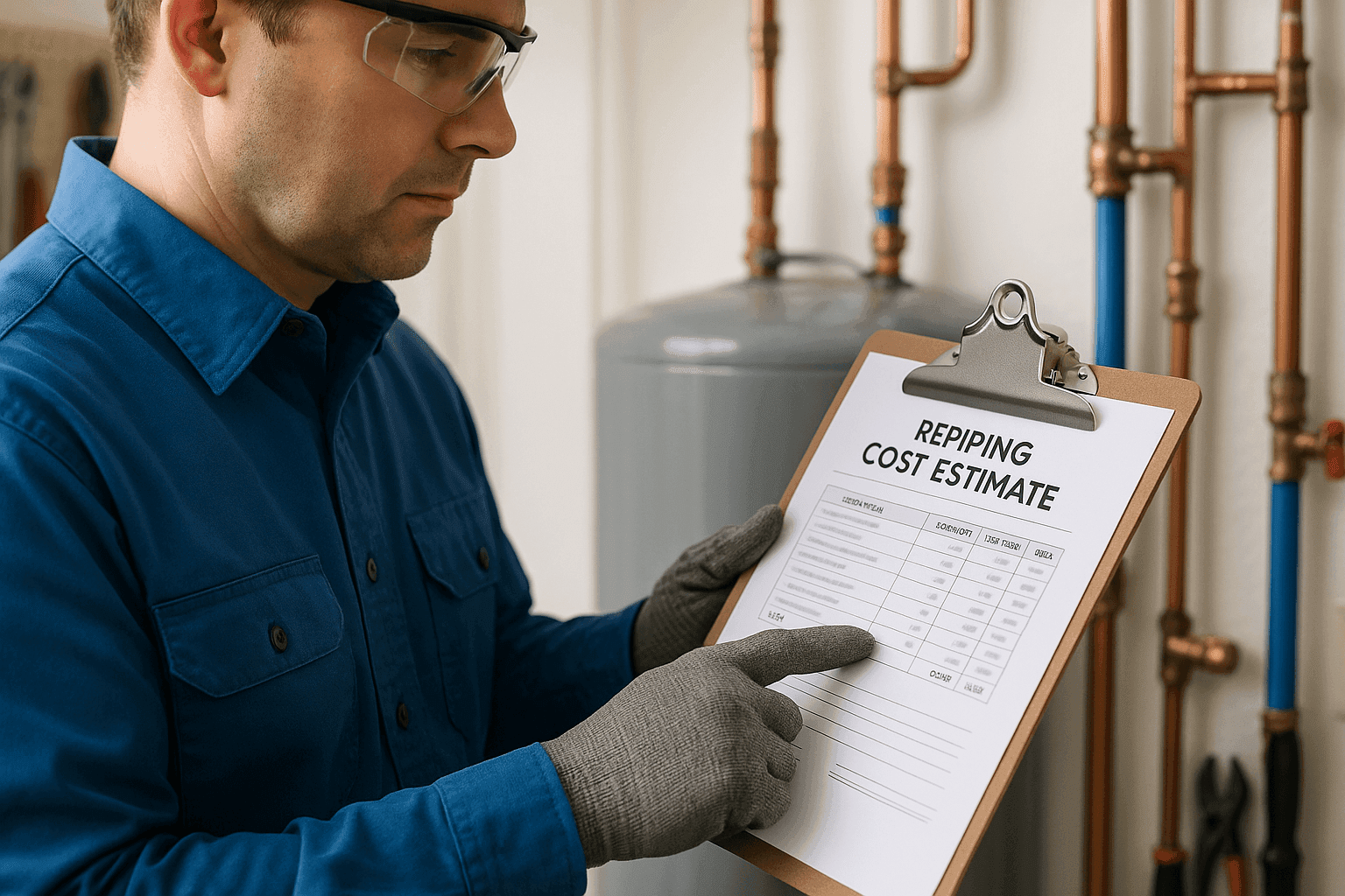 Plumber reviewing repiping estimate in utility room