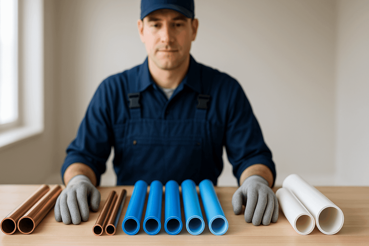 Plumber displaying different pipe materials on workbench