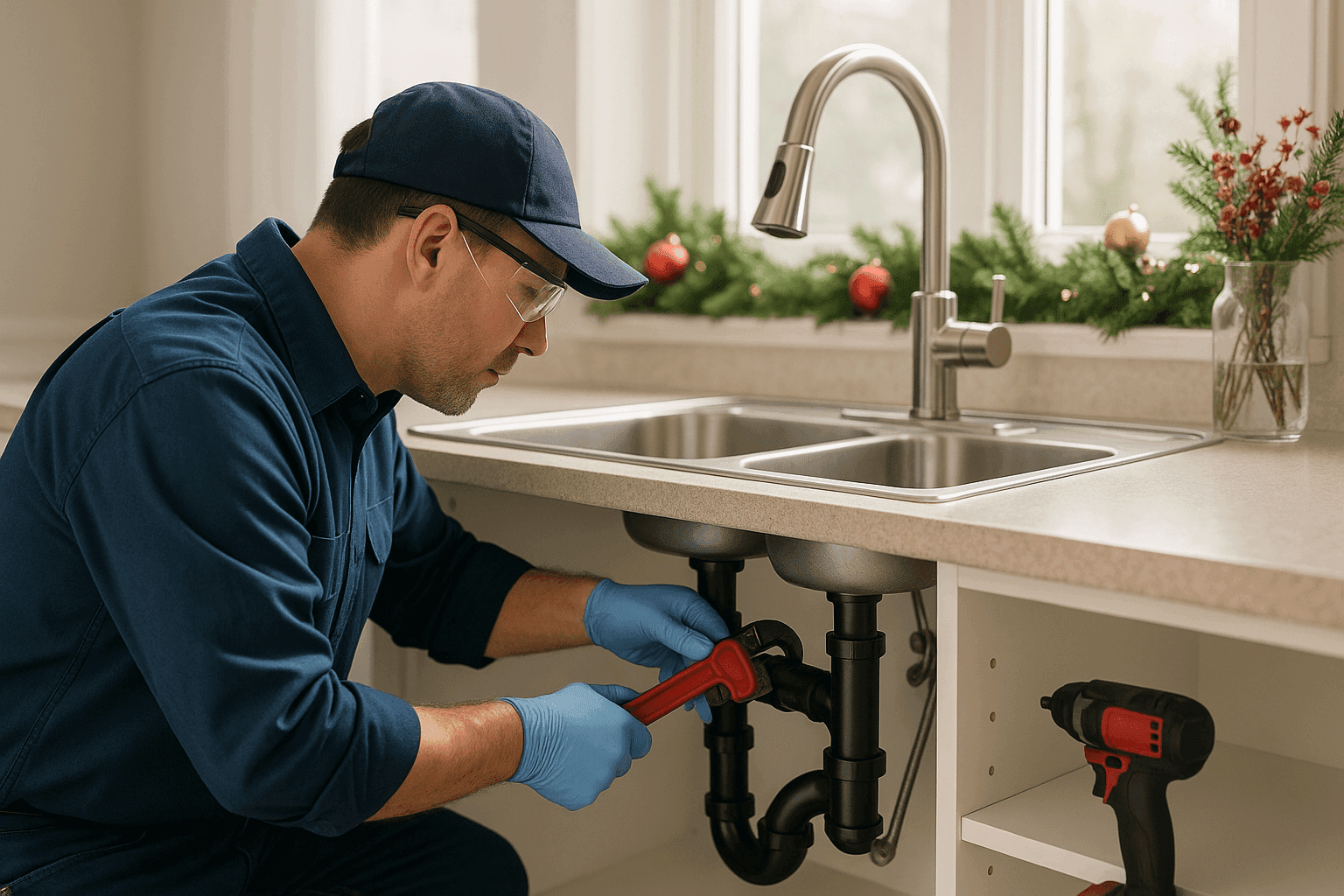 Plumber fixing kitchen drain during holiday meal prep