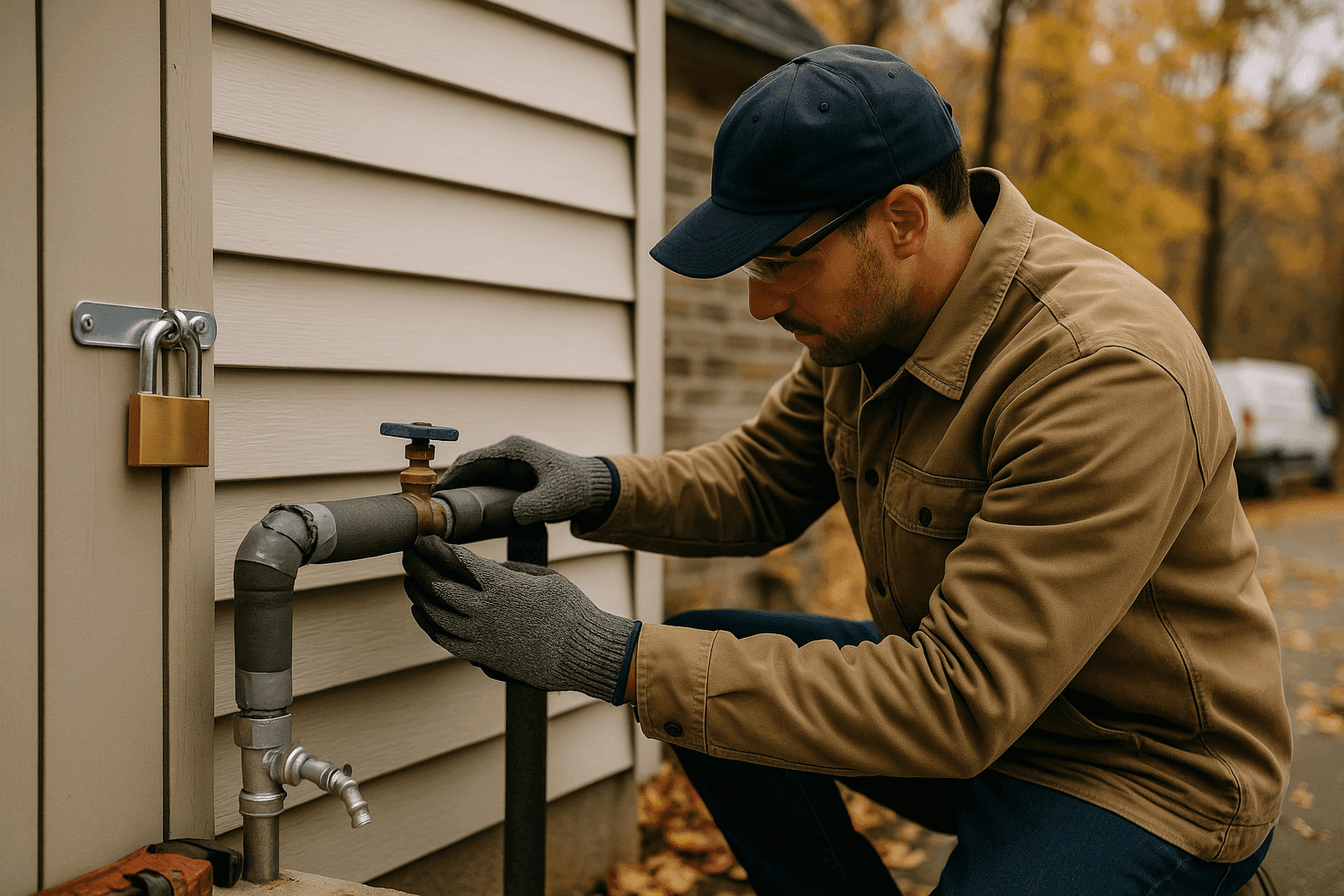 Homeowner preparing outdoor plumbing pipes with insulation for seasonal weather