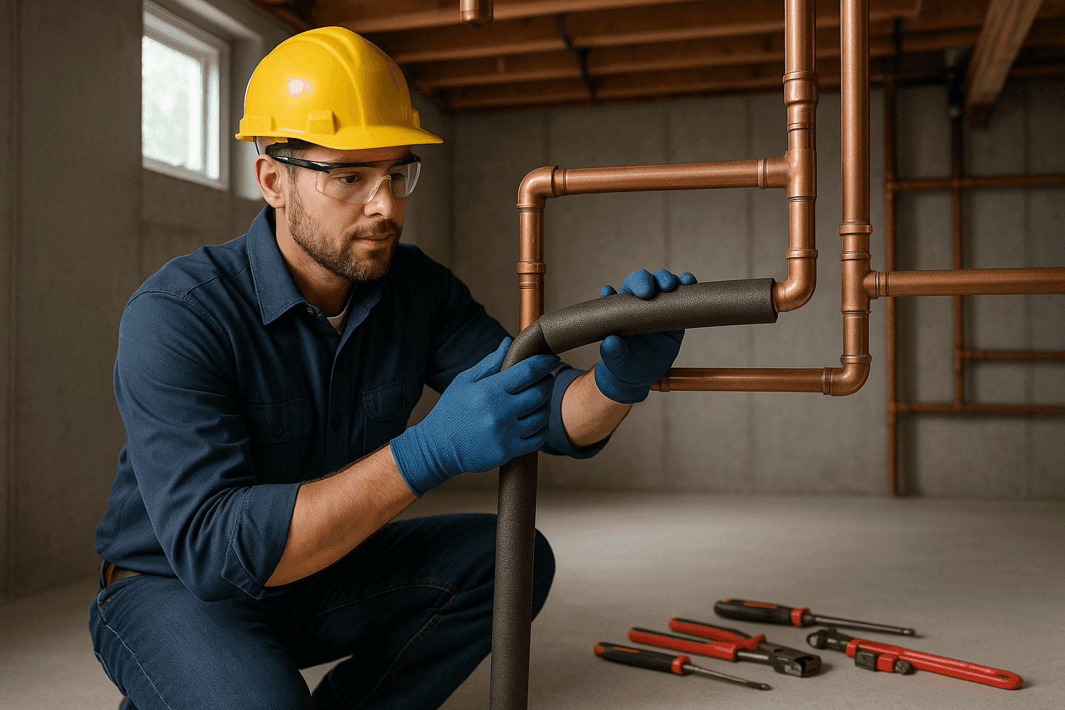 Plumber insulating basement pipes against winter freeze