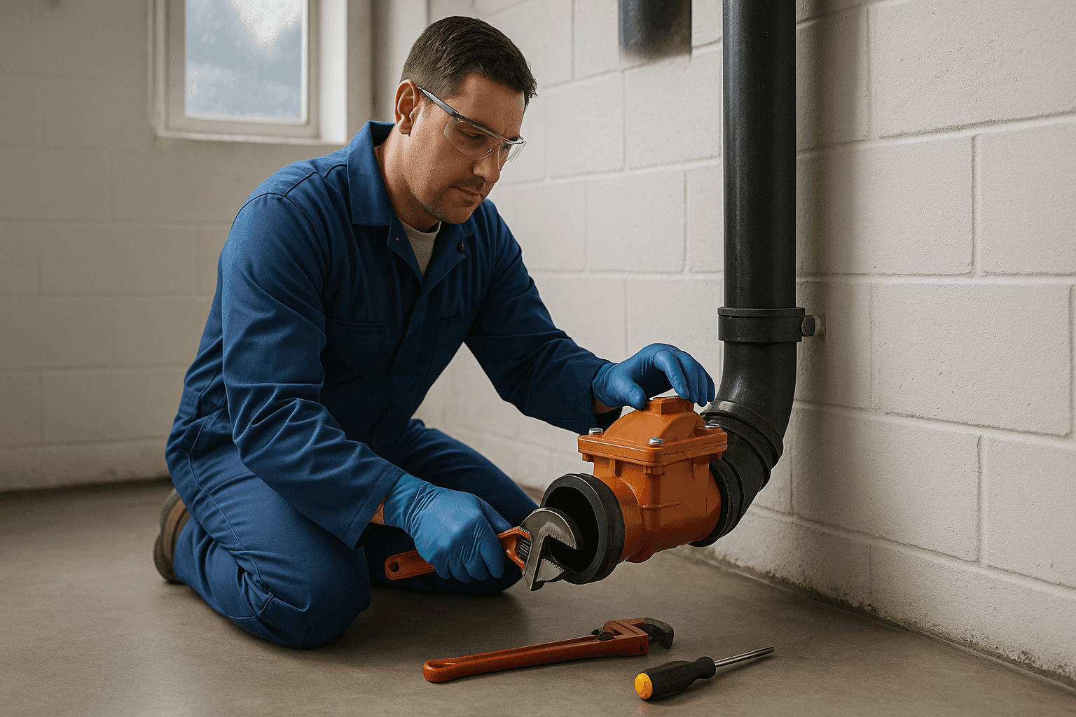 Plumber installing backwater valve after heavy rain