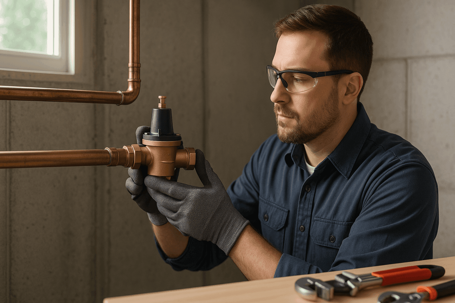 Plumber installing water pressure regulator on main line