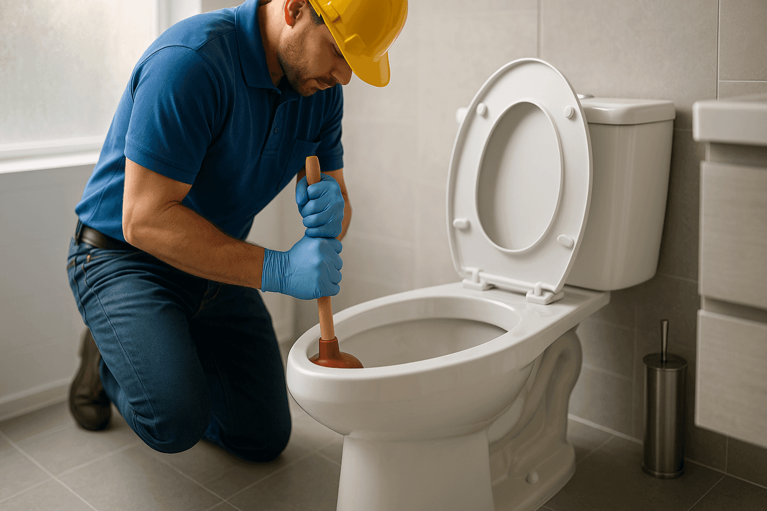 Plumber using plunger to unclog residential toilet