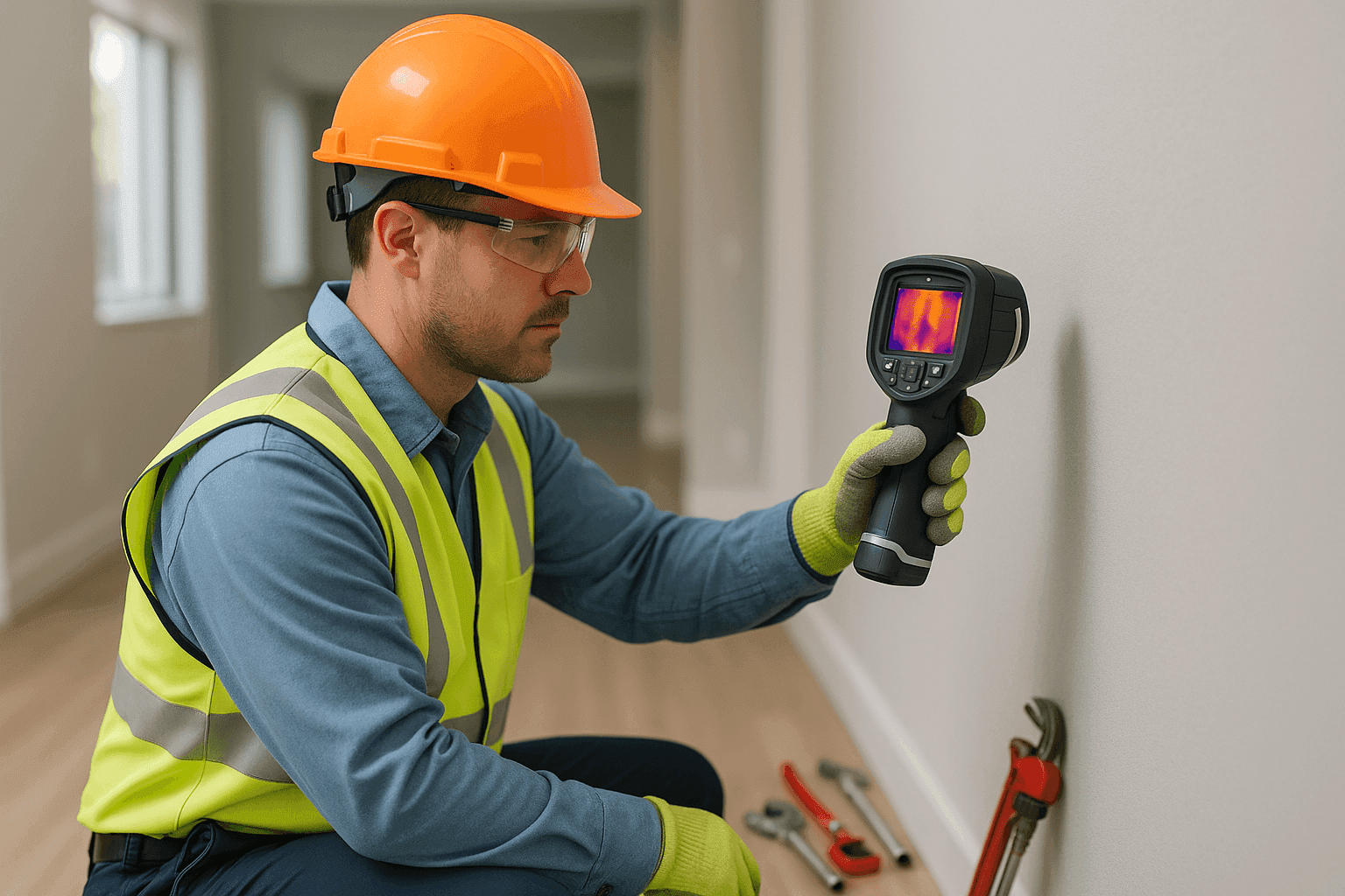 Plumber using infrared camera to detect wall leak
