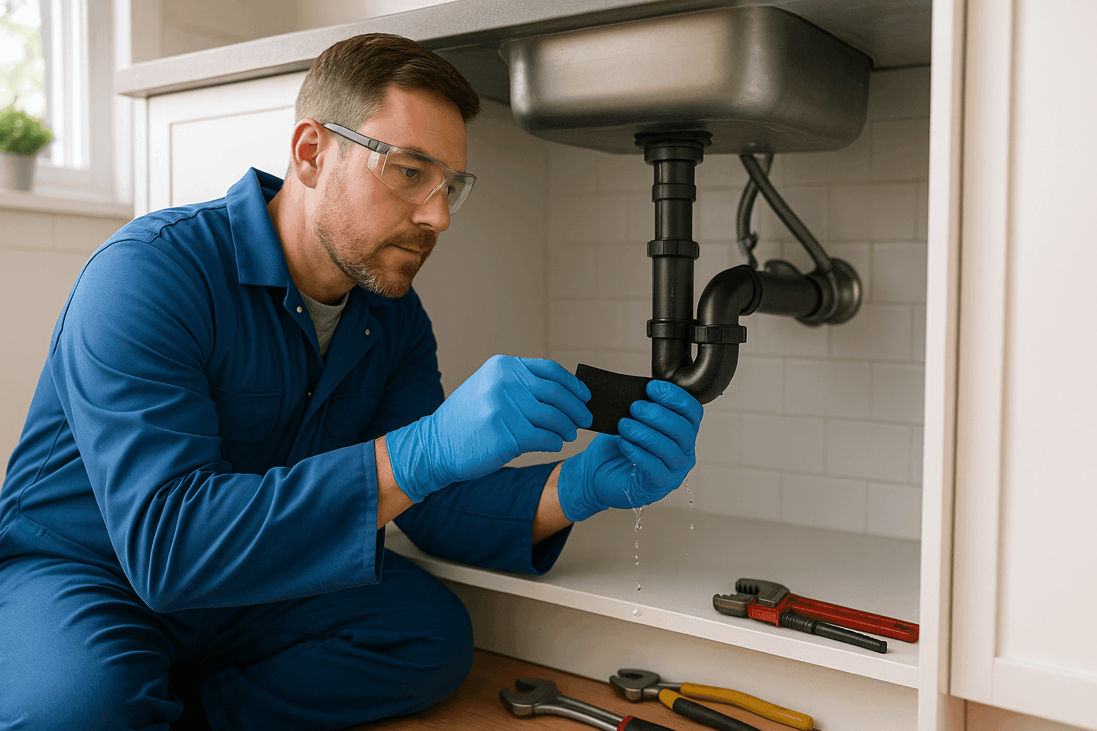 Plumber quickly patching leaking pipe under sink