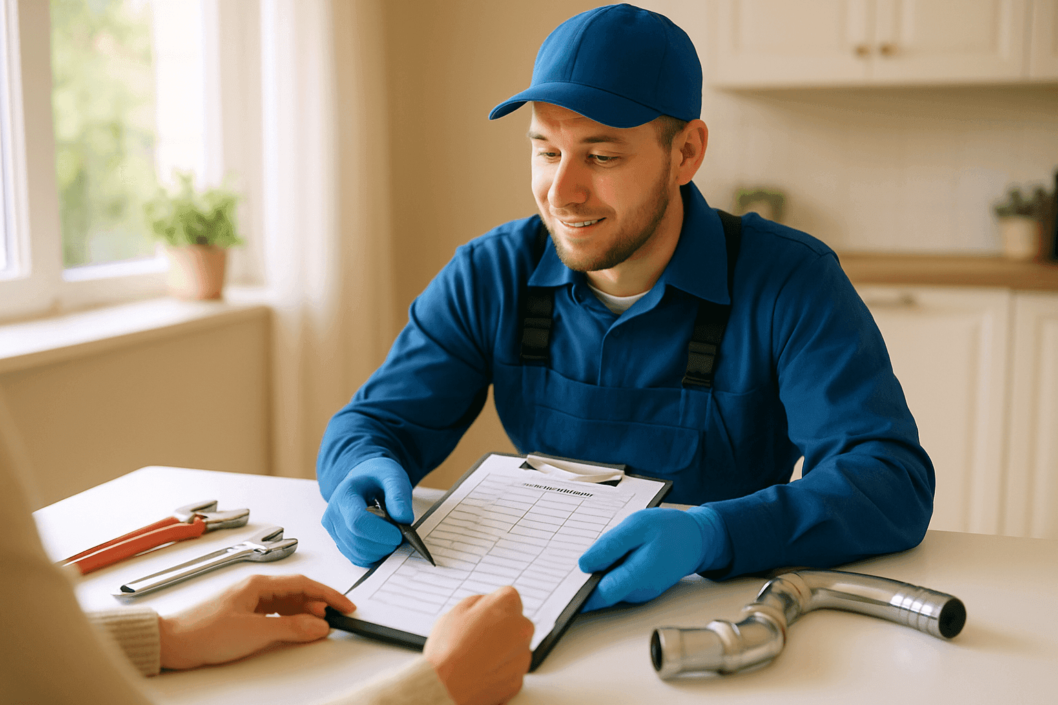 Plumber explaining maintenance plan to homeowner