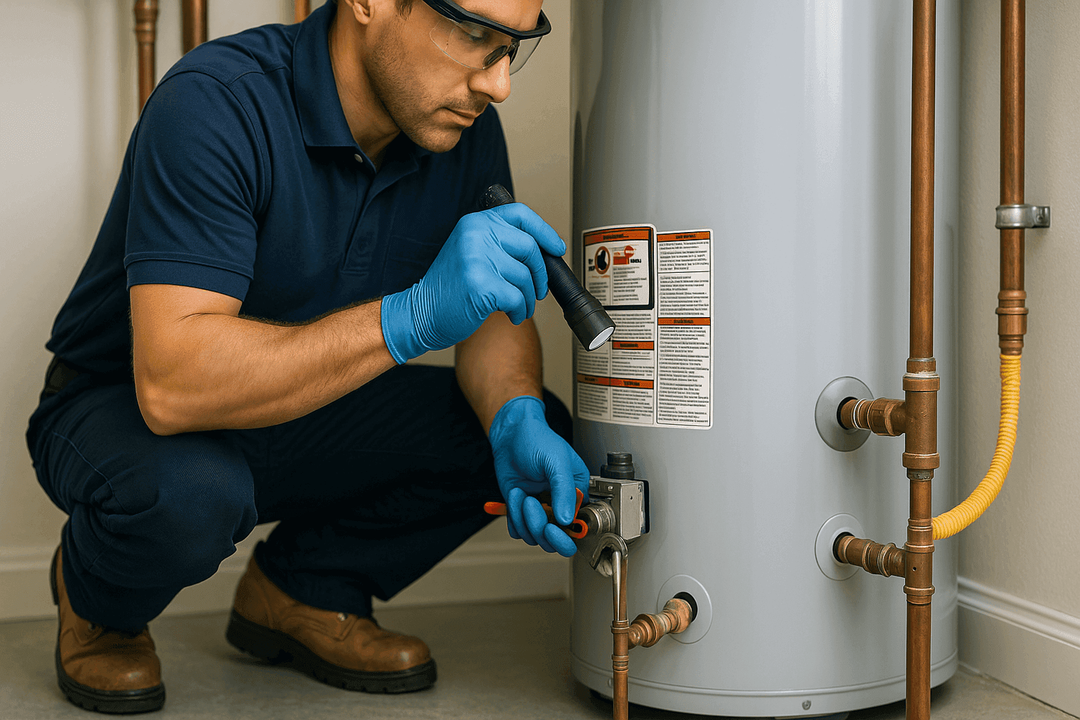 Plumber inspecting a home water heater for maintenance