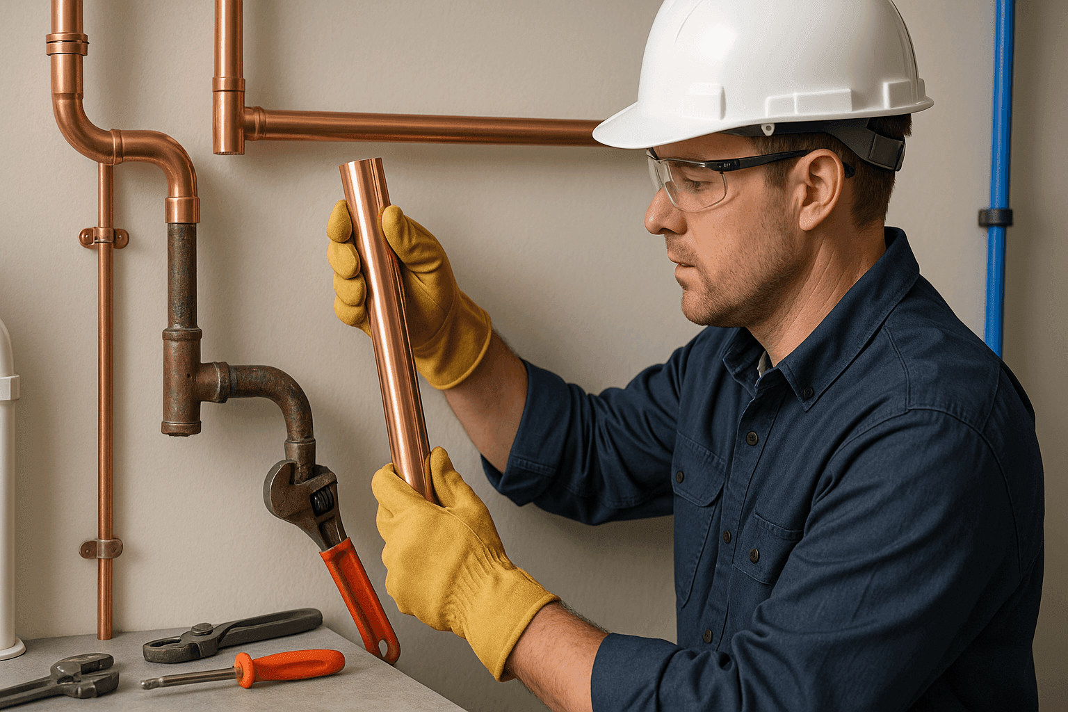Plumber replacing old pipes in utility room