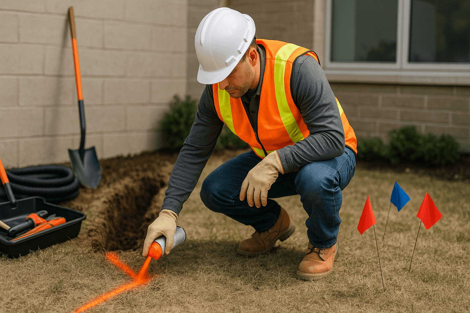 Plumber preparing site for new sewer line installation