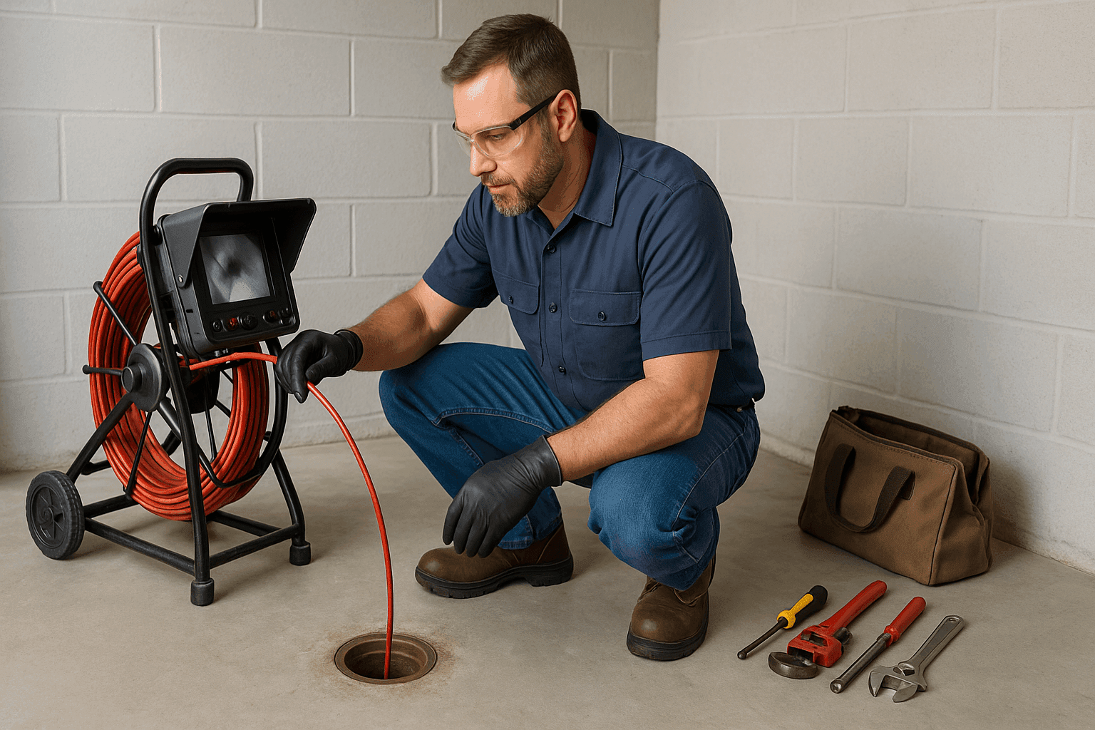 Plumber inspecting sewer line access with camera equipment