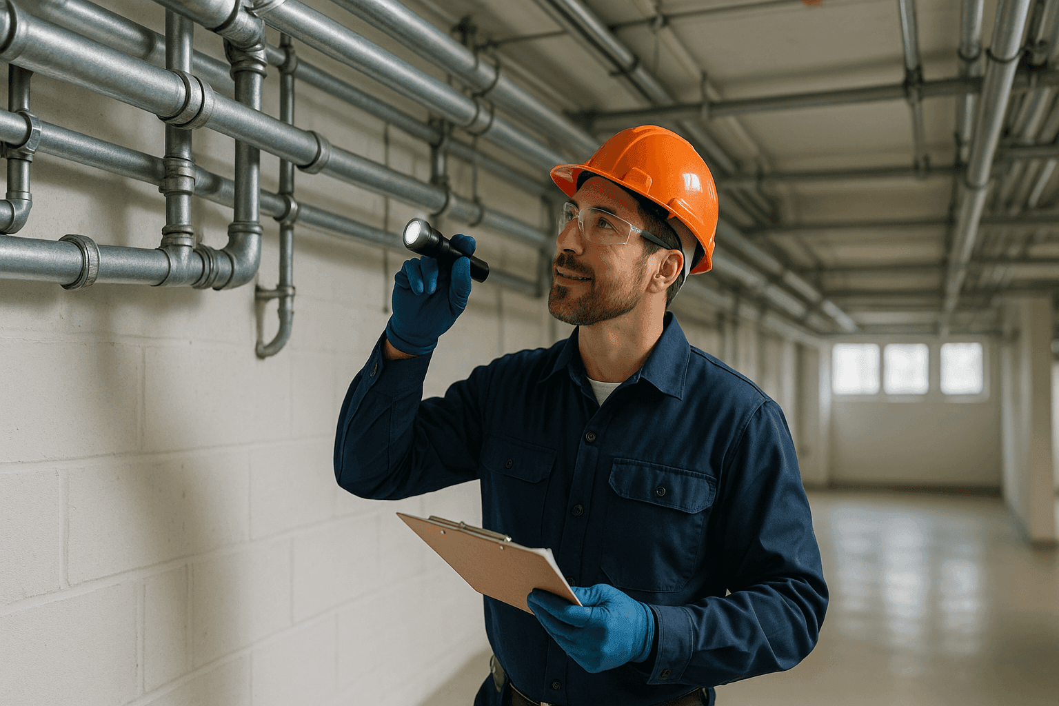 Plumber inspecting pipes in commercial building basement