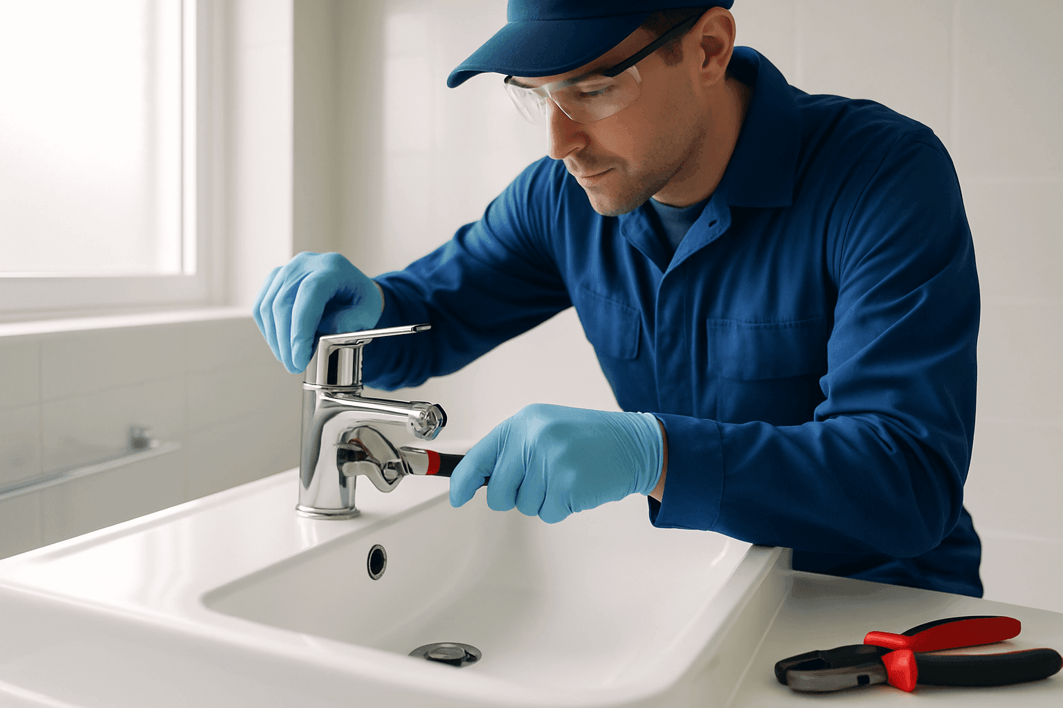Plumber tightening faucet on bathroom sink