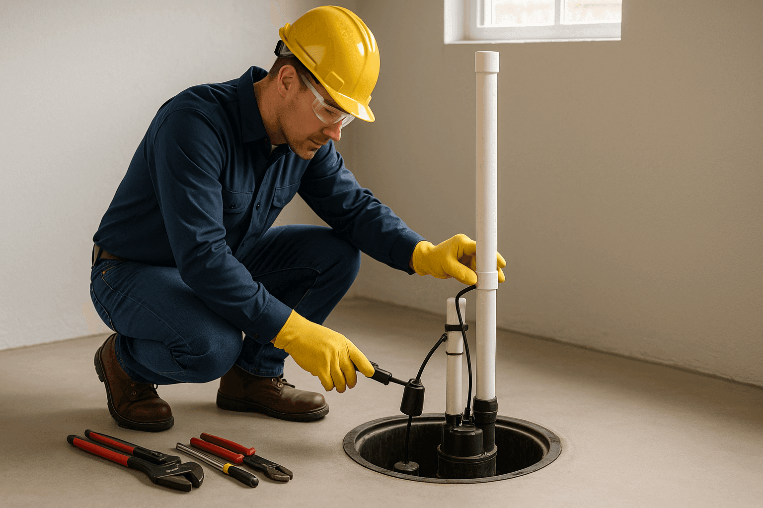 Technician testing sump pump in residential basement