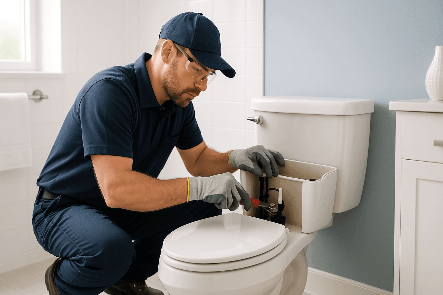 Plumber repairing toilet tank with tools