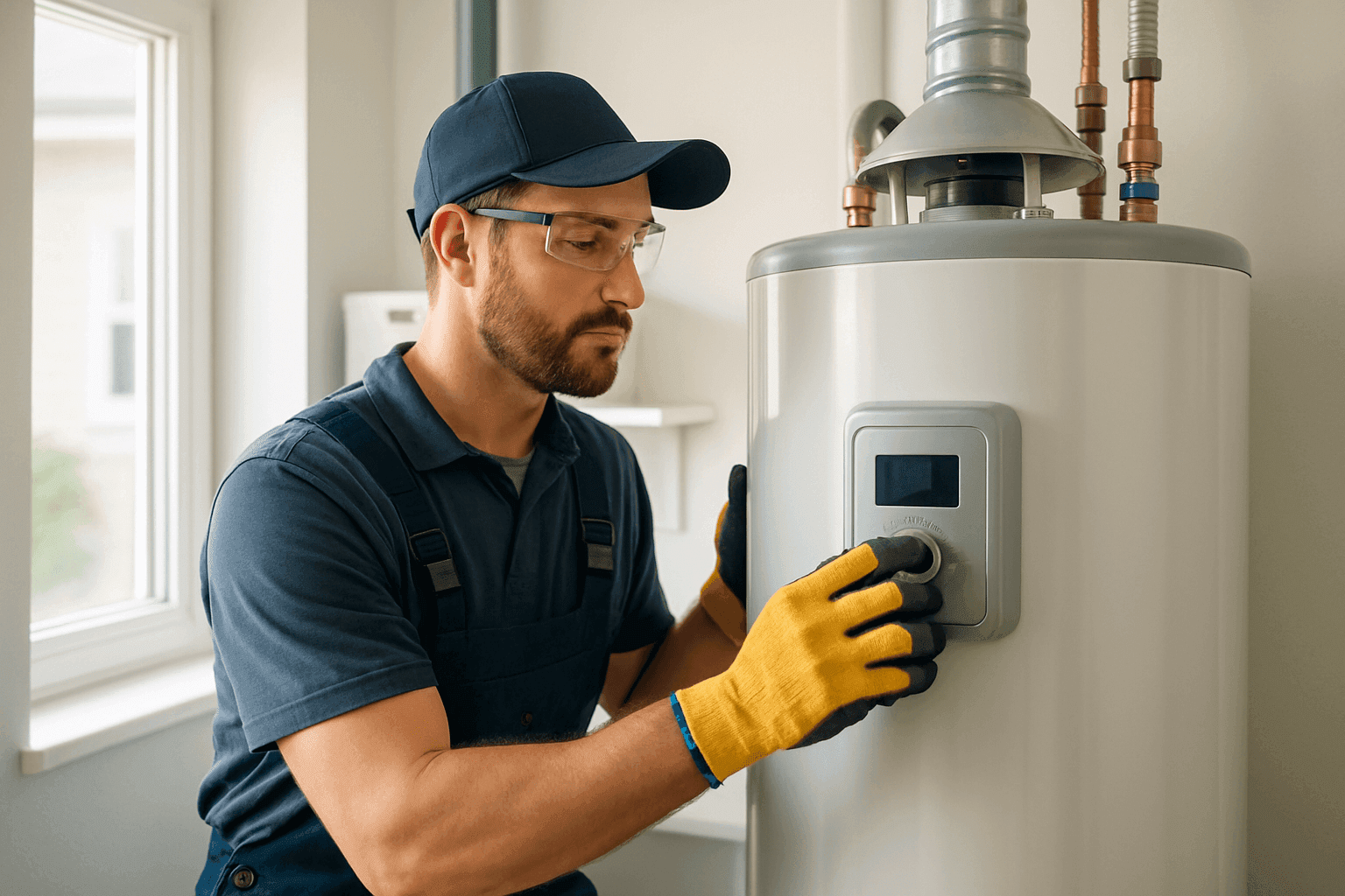 Plumber checking water heater control panel