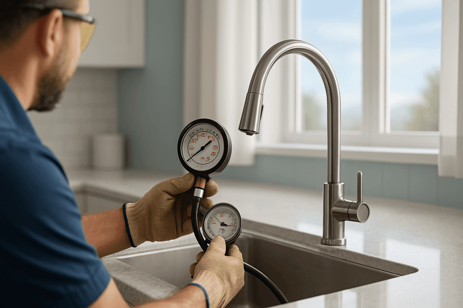 Plumber measuring water pressure at kitchen faucet